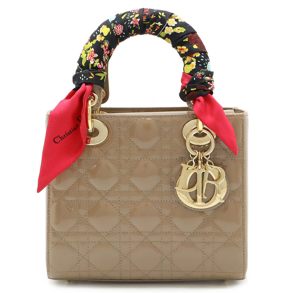 Christian Dior Lady Cannage handbag Patent Vernis leather Beige Cream scarf